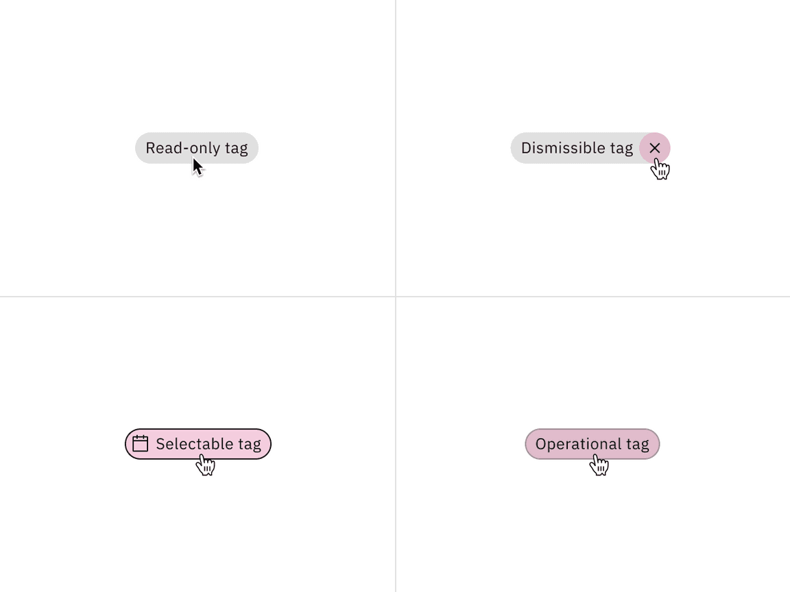 Read-only, dismissible, selectable, and operational tags with their clickable areas.